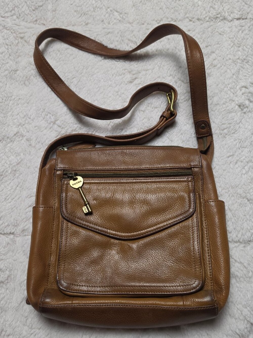 Vintage Fossil Tan Pebbled Leather Satchel Crossbody Purse Bag 75082 Brass